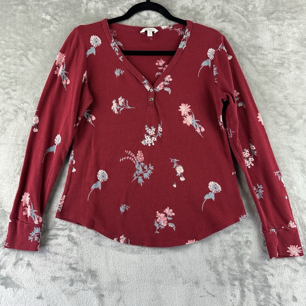 Lucky Brand Thermal Shirt Women's M Red Floral Print Button Front